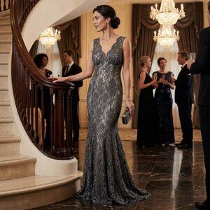 Morgan and Co Womens Scalloped Lace Gown Dress, Blue, 1/2